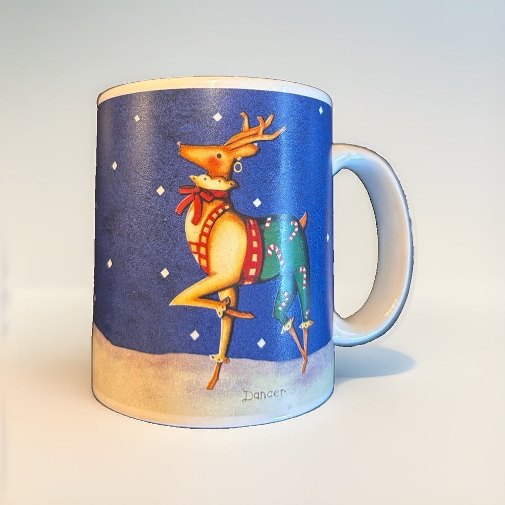 CIC Rebecca Ruegger Reindeer Coffee Mug Dasher Dancer Christmas Holiday Blue